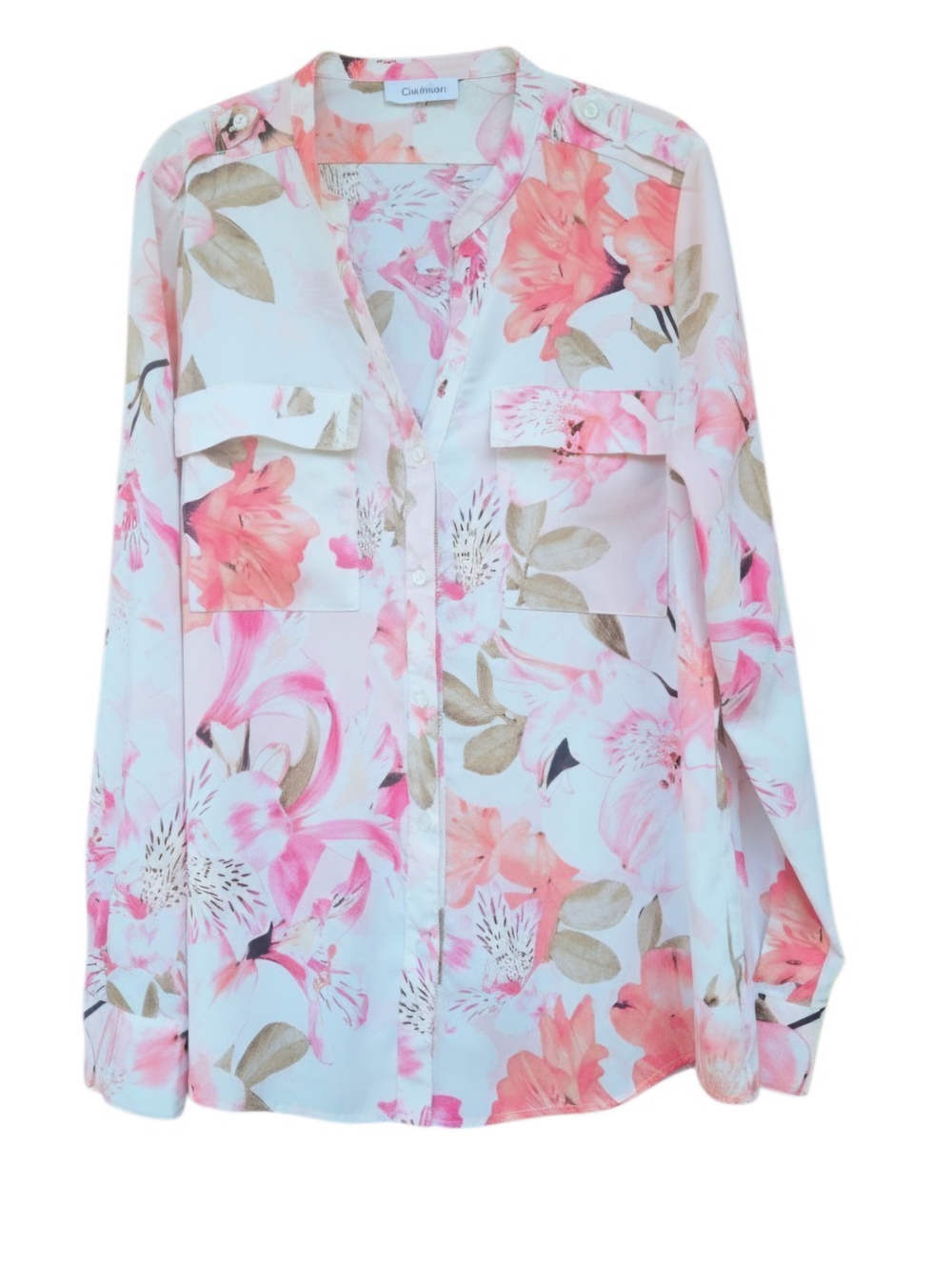 Calvin Klein Watercolor Floral Utility Blouse | Button-Down V-Neck